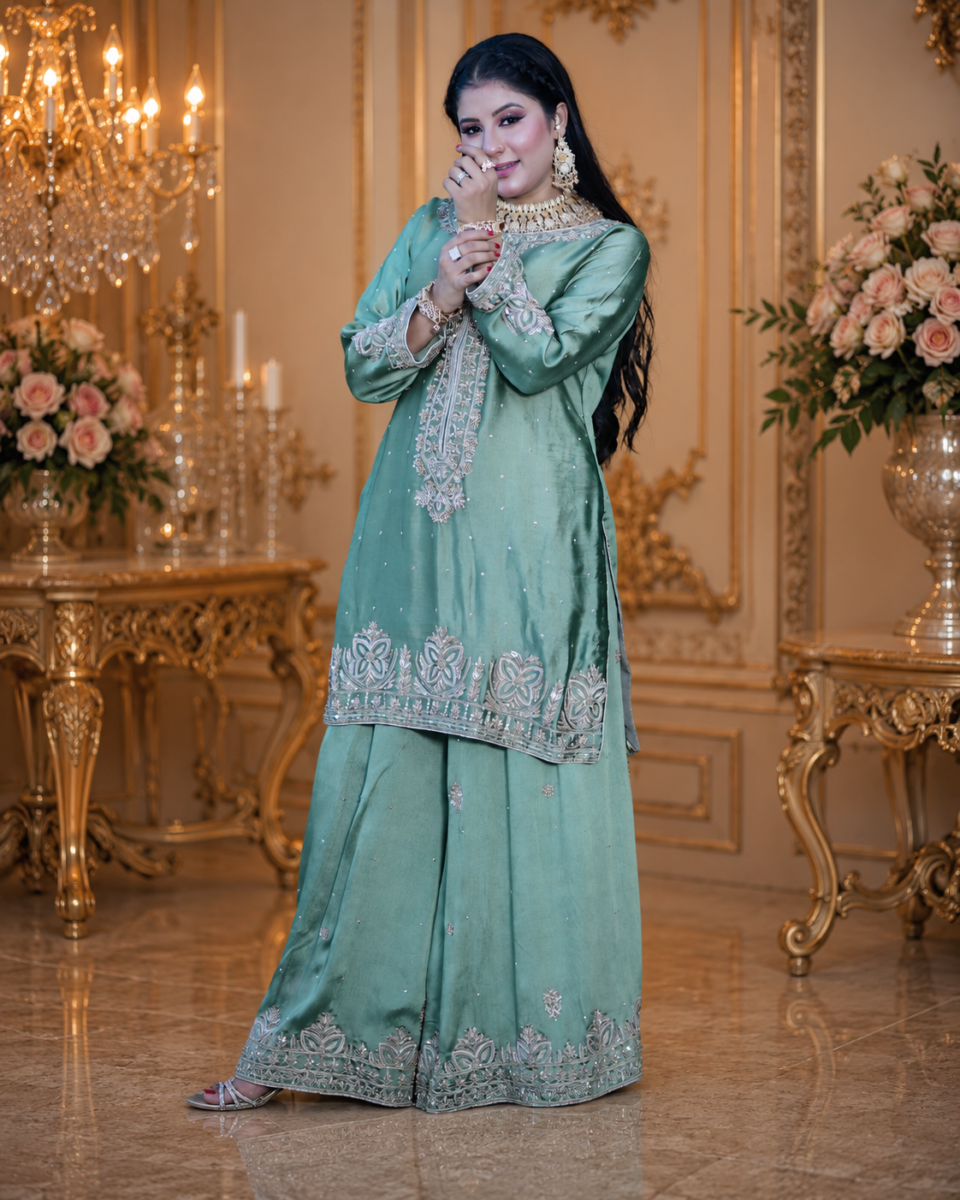 Sage Green Embroidered Tissue Silk Ensemble