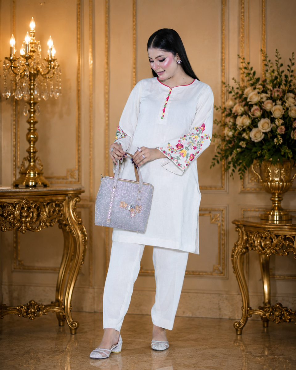 Stylish White Tunic with Colourful Sleeve Detailing