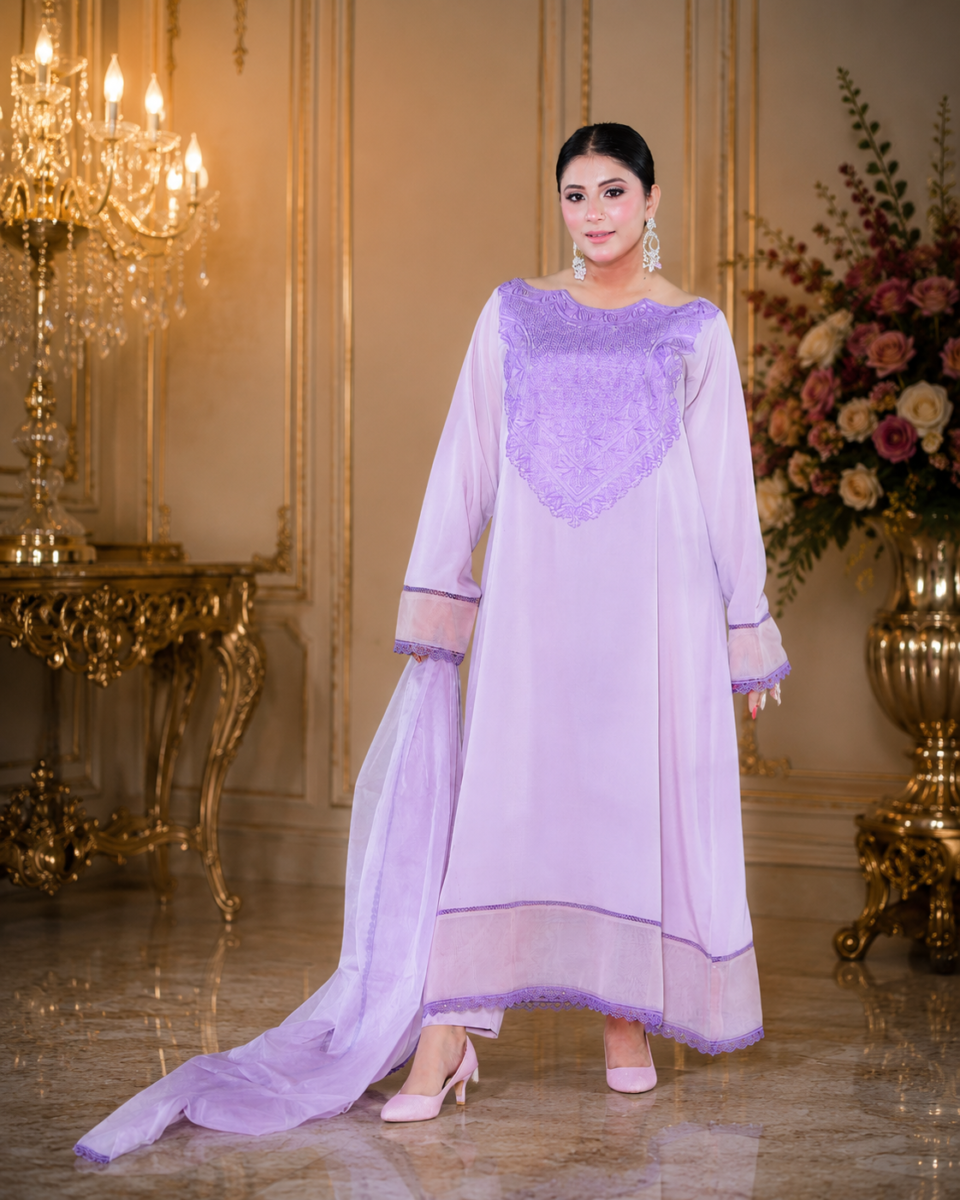 Lavender Grace- Traditional Mukhawar Ensemble with Grip Silk and Organza Touch