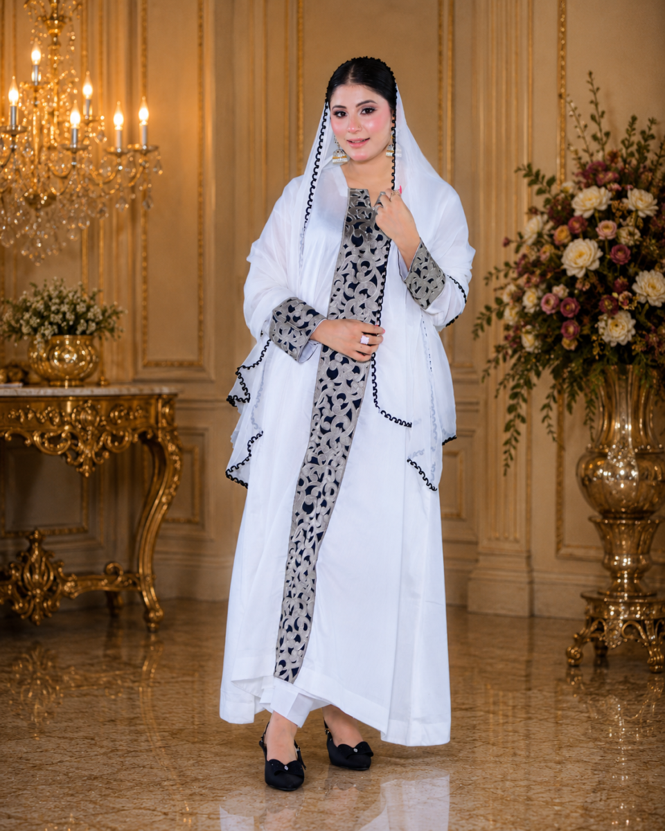 Desert Pearl – Emirati Mukhawar in White Silk with Antique Embroidery
